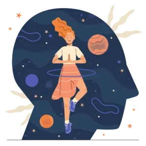 Illustration einer Frau, die mit einem Hula-Hoop-Reifen vor einer Kopf-Silhouette und Planeten schwebt.